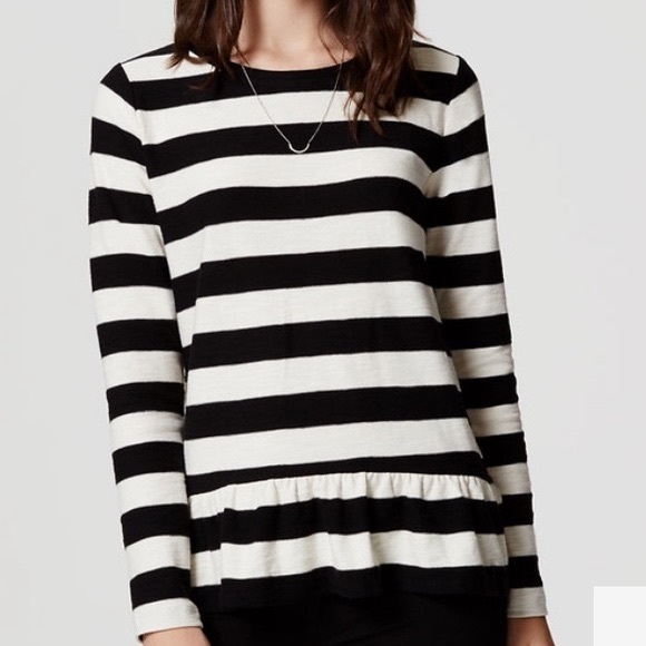 Ann Taylor LOFT black cream striped peplum top M - Picture 1 of 4